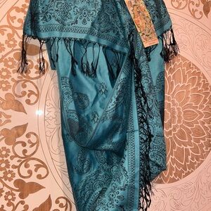 Elegant Teal Paisley Scarf with Black Fringe
